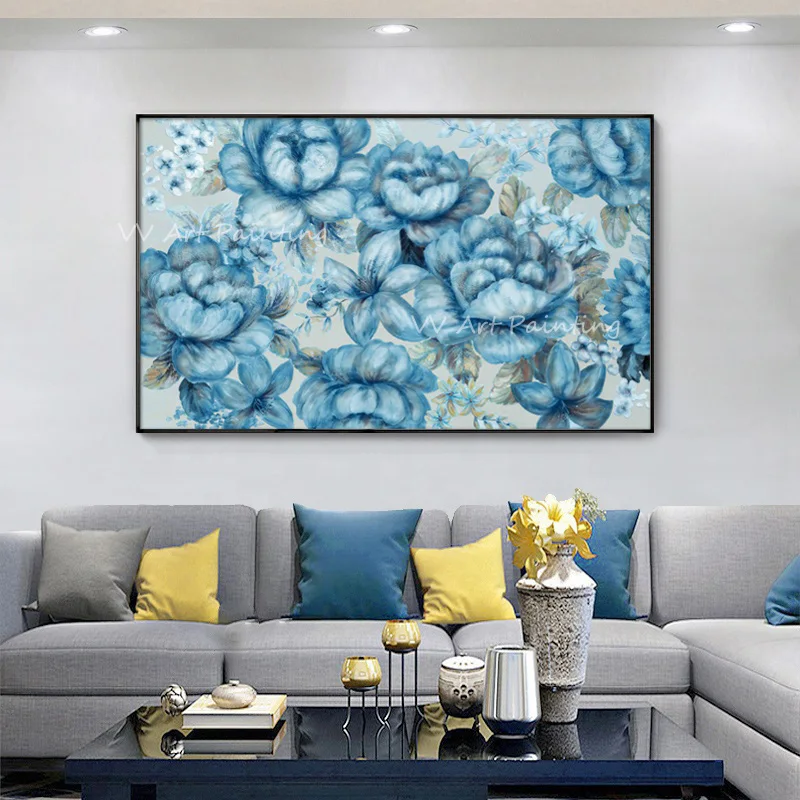 Horizontal Handmade Botanical Oil Painting, Palette Knife Blue Peony Art, Large Bloom Textured Canvas Wall Decor