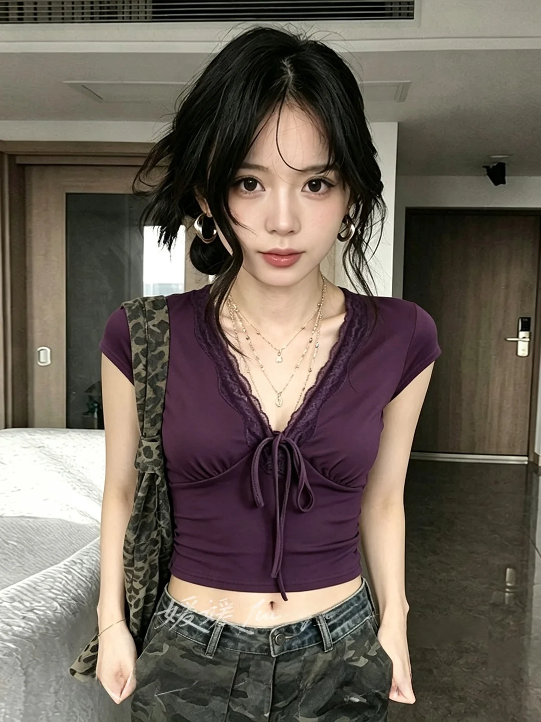 Sexy Deep V-Neck Tie-Detail Short Sleeve T-Shirt Women's White Lace Trim Slimming Crop Top Summer Commute Style Polyester