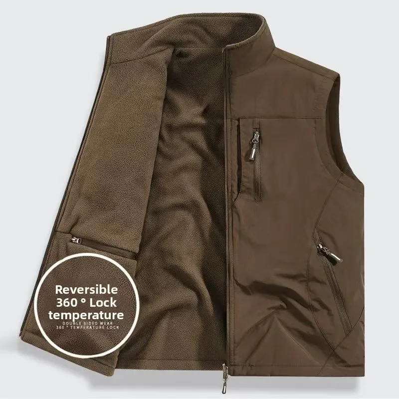 Autumn and Winter Men's Outdoor Leisure Fishing with Fleece Warm Fashion Vest Sports Leisure Windproof and Cold Proof Warm Vest