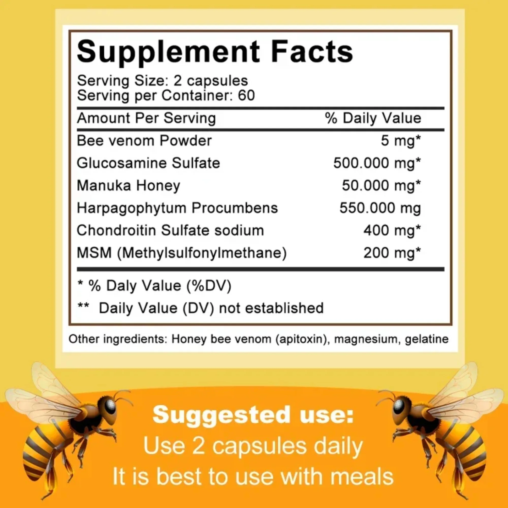 Natural Bee Capsules - Antioxidants, Relieves Joint Pain and Stiffness, Promotes Skin and Bone Health, Enhance Immunity