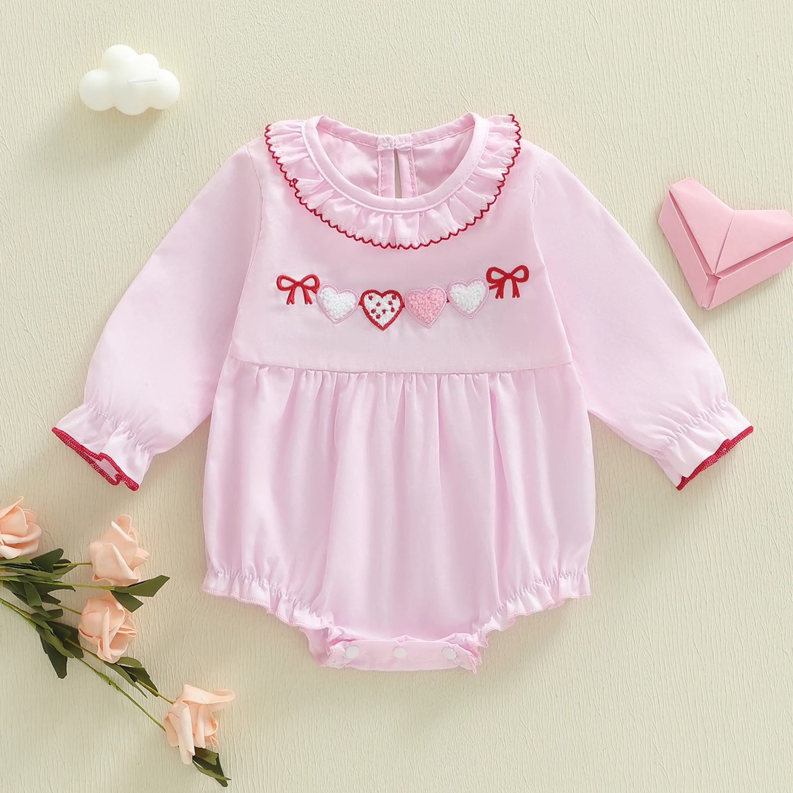 

Blotona Baby Girl Valentine's Day Romper Long Sleeve Doll Collar Bow Heart Embroidery Bodysuit Spring Fall Outfit