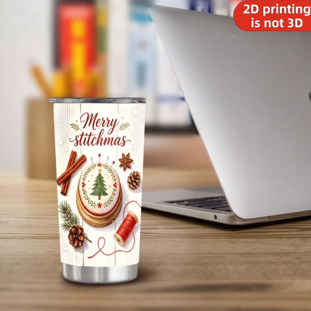 20oz Merry Stitchmas Printed Stainless Steel Tumbler with Lid and Straw, Sewing Christmas Tree Pinecone Vacuum Insulated Travel Coffee Mug