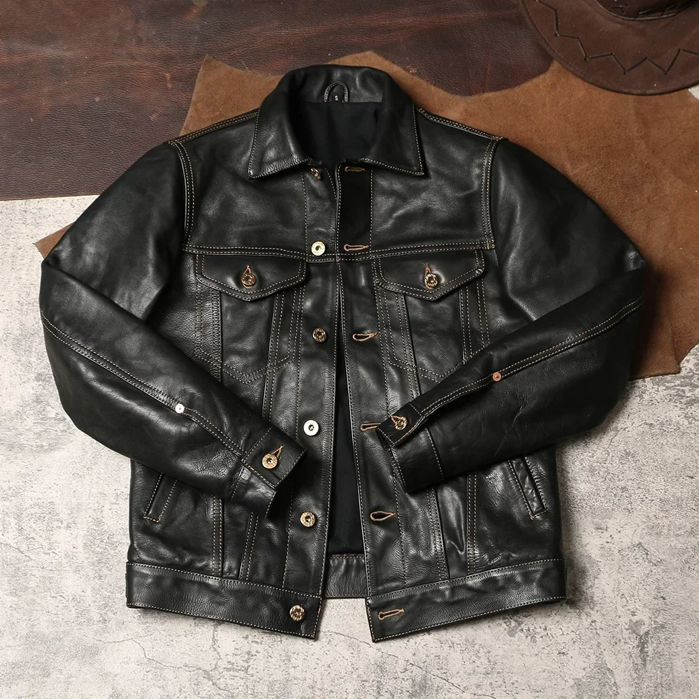 

Blunt Razor Wax Uncoated Top Cowhide Leather Jacket 507 High-waisted Cargo Leather Jacket Men's Lapel Denim Leather Jacket