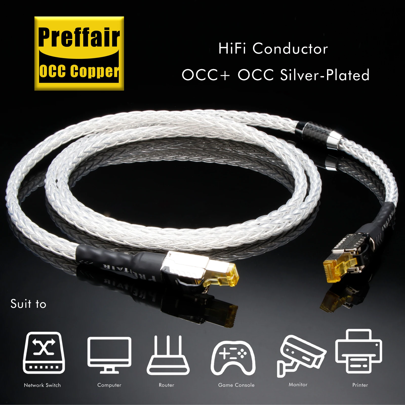 Preffair Cat8 High Speed Ethernet Cable L303 6AG HiFi Copper Silver Braided 40Gbps RJ45 Network Patch Audio Cable --1 Pcs