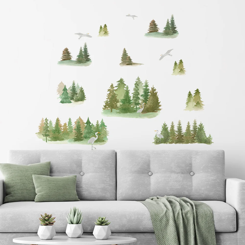 

Chinese Ink Style Metasequoia Waterfowl Wall Stickers Living Room Sofa Background Decoration Self Adhesive Home Decor Wallpaper