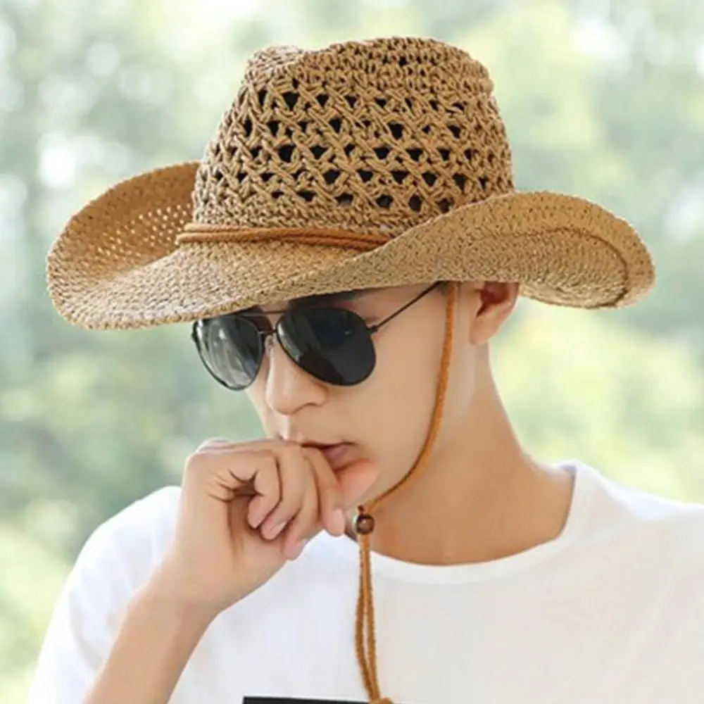 

Trendy with Adjustable Chin Strap Western Cowgirl Hat Wide Brim Vacation Straw Cowboy Hat Foldable Beach Sun Hat for Women Men