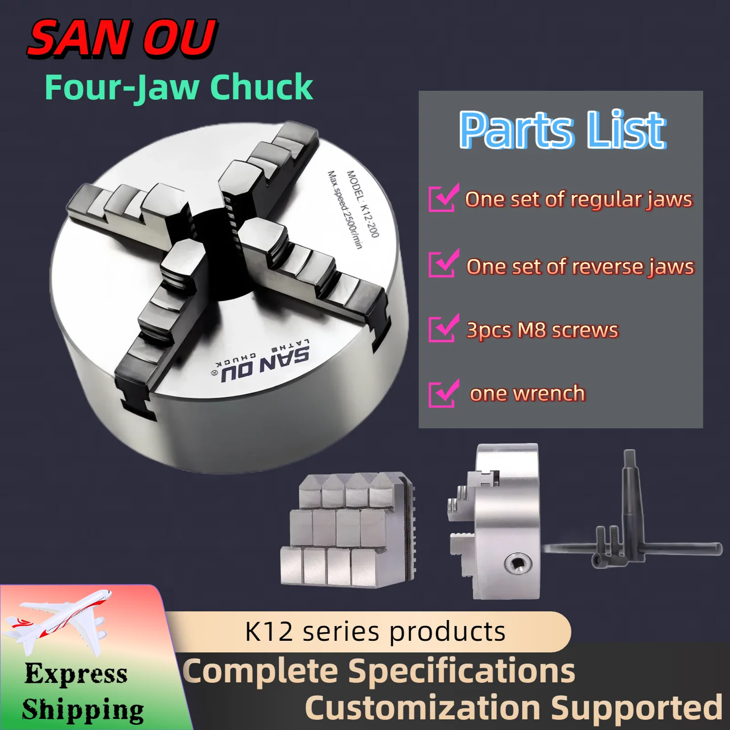 

SANOU Chuck 4 Jaw 3-5Inch Lathe Independent Reversible Jaw K12-80/100/125/130mm Tool Drilling Milling Woodworking