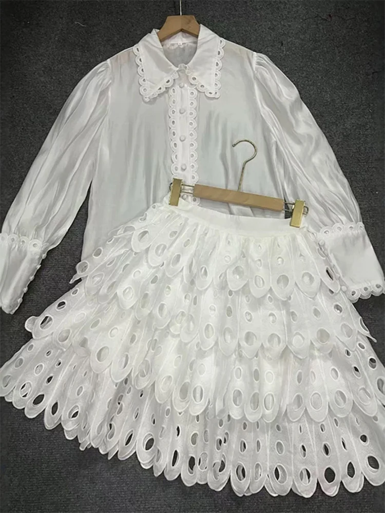 Spring 2025 new two-piece single-breasted long-sleeved shirt+high waist A-shaped hollow water-soluble lace skirt fashion suit