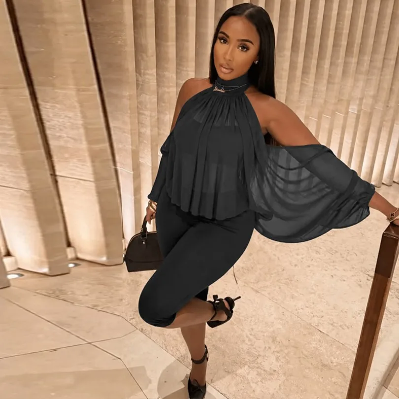 2 Piece Sets Sheer Mesh Cold Shoulder Long Sleeve Top and Matching Cropped Pants Sexy Fall Outfits Woman