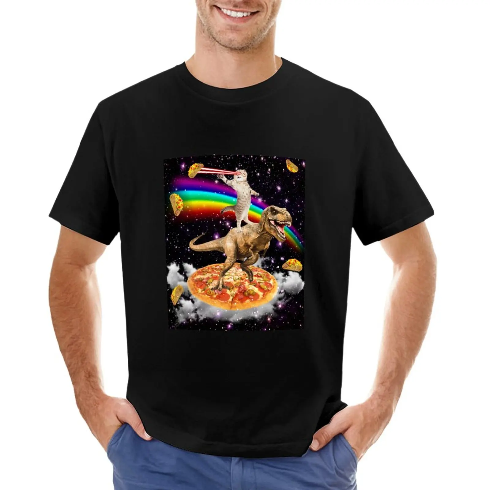 

Galaxy Laser Eye Cat on Dinosaur on Pizza with Tacos & Rainbow T-Shirt funnys shirts graphic tees mens graphic t-shirts pack