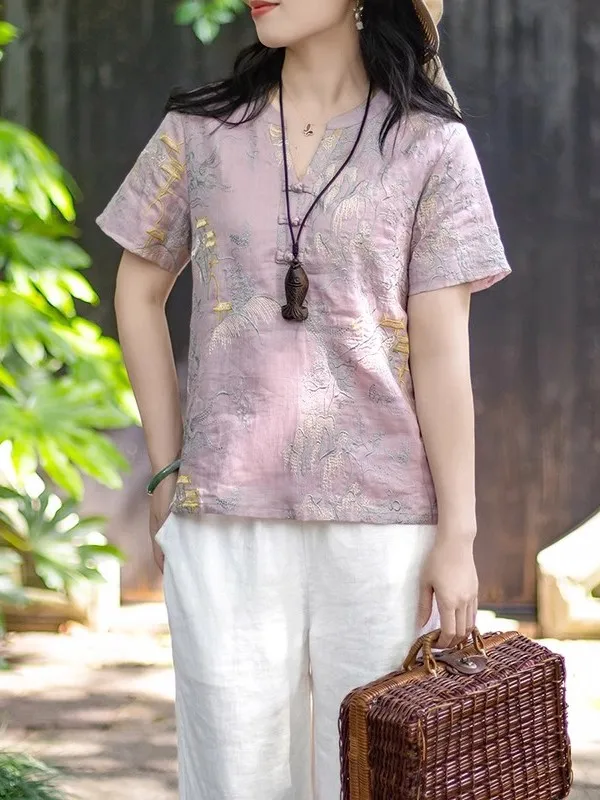 

Ele lectual Women's irt Luxury Sensation Summer New Chinese Button Embroidered Flax Small irt Cotton 90% Linen 0%