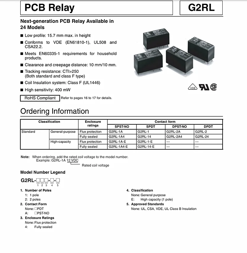 5-10PCS  G2RL-1A-E-5VDC  G2RL-1A-E-12VDC  G2RL-1A-E-24VDC DIP-6  G2RL-1A-E-DC12V  6Pin 16A 250VAC G2RL 1A E DC5V 12V 24V Relay