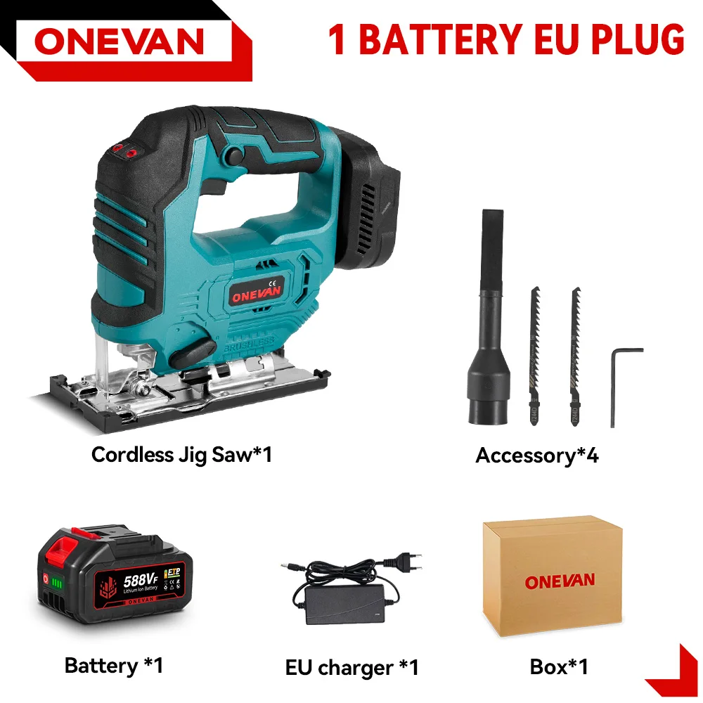 ONEVAN 26mm 3500 RPM Borstelloze Elektrische Decoupeerzaag 1000 W Multifunctionele 3 Variabele Snelheid Houtbewerking Tool Voor Makita 18 V Batterij pin