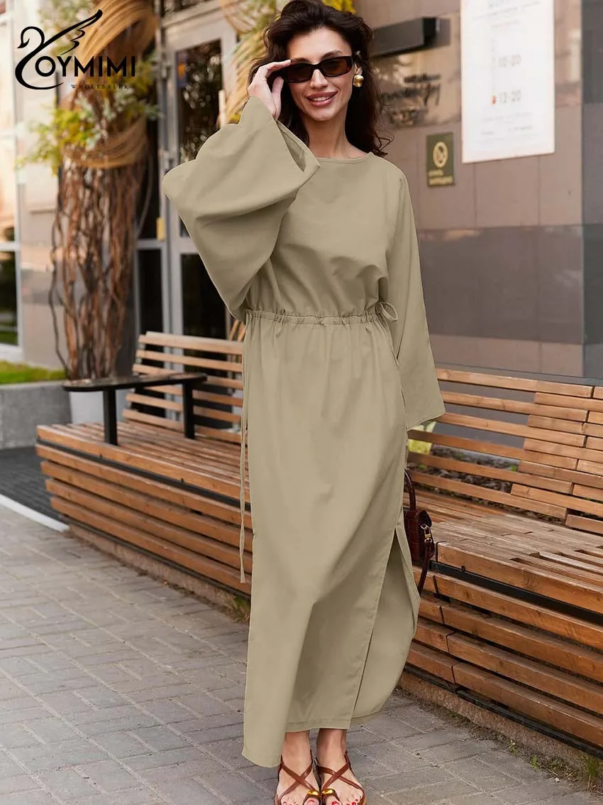 

Oymimi Casual Khaki Cotton Womens Dresses Fashion O-Neck Long Sleeve Lace-Up Dress Autumn Straight Side Slit Ankle-Length Dress