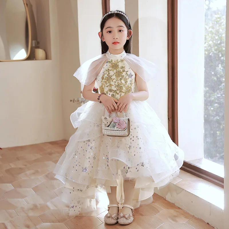 

Kids Dresses Champagne Children Pageant Gown Sequins Beaded halter Baby Girls Dress for wedding party Girls Princess Tailed gown