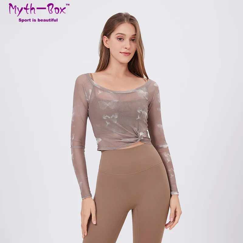 Women Padded Yoga Sports Shirts Fake Two-Piece Undershirts Thin Mesh Long Sleeves Running Sweatshirts Slim Gym Fitness Tops Bra