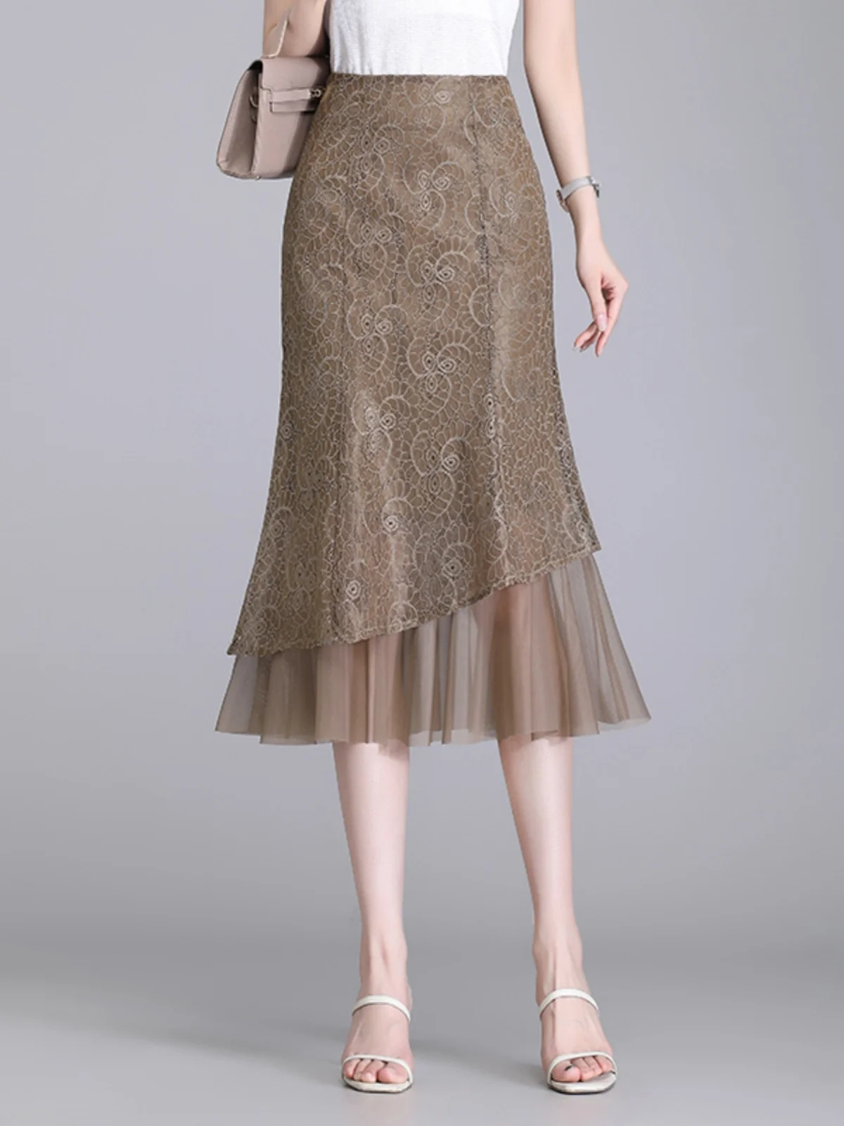 

Юбка с высокой талией, асимметричная, кружевная, женская, миди, А-силуэт, с запахом, облегающая, для лета 2025, новинка