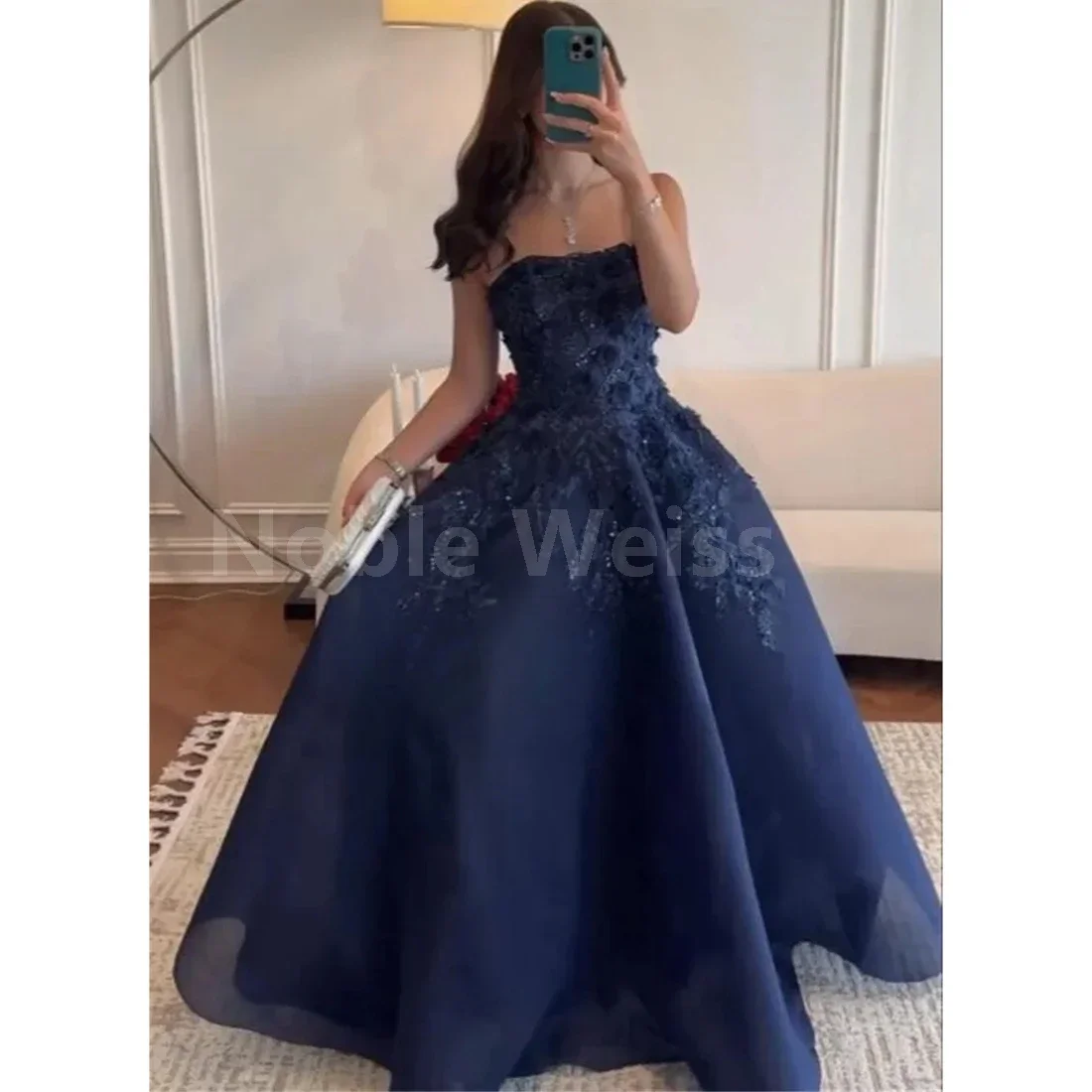 A Line Prom Dress Strapless Floor Length Applique Evening Dress Customized image 4