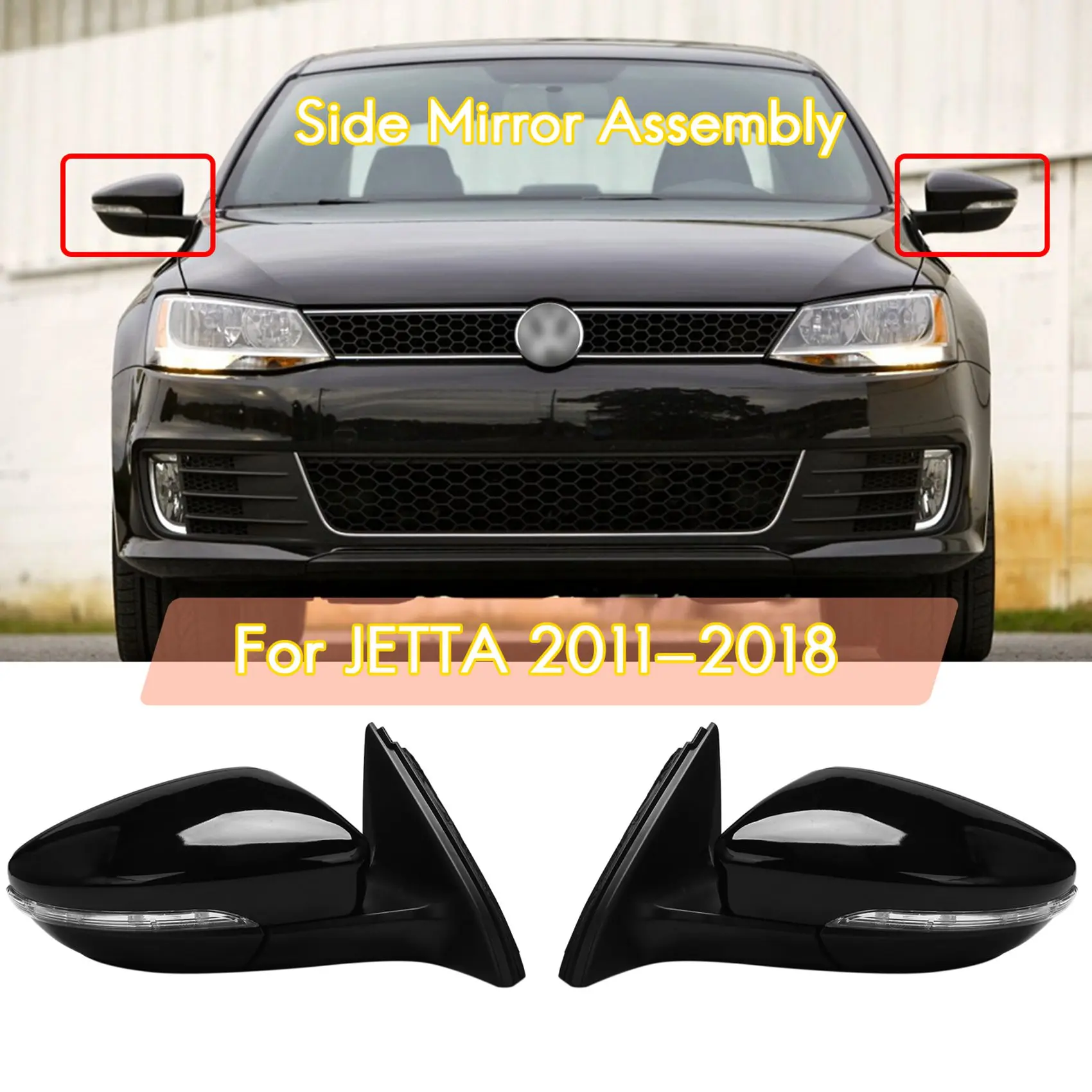 Left Side Rear View Mirror Assembly Power Glass Heated Turn Signal Foldable 8 Wires for JETTA 2011-2018 5C7857507 Black