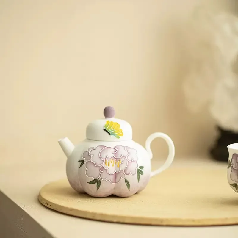 

Pure Hand-painted Rock Mine White Jingdezhen Petal Pot Bubble Teapot Ceramic TeaSet Exquisite Peony Flower Cover Bowl Master Cup