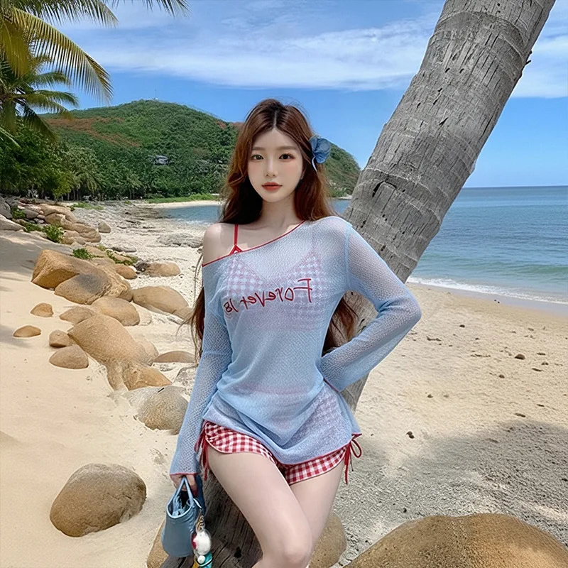 Women's Bikini Set  Blue Mesh Letter Print Long Sleeve Cover Up Red Gingham Drawstring Shorts Summer Beach Bathing Suit Swimwear view 3