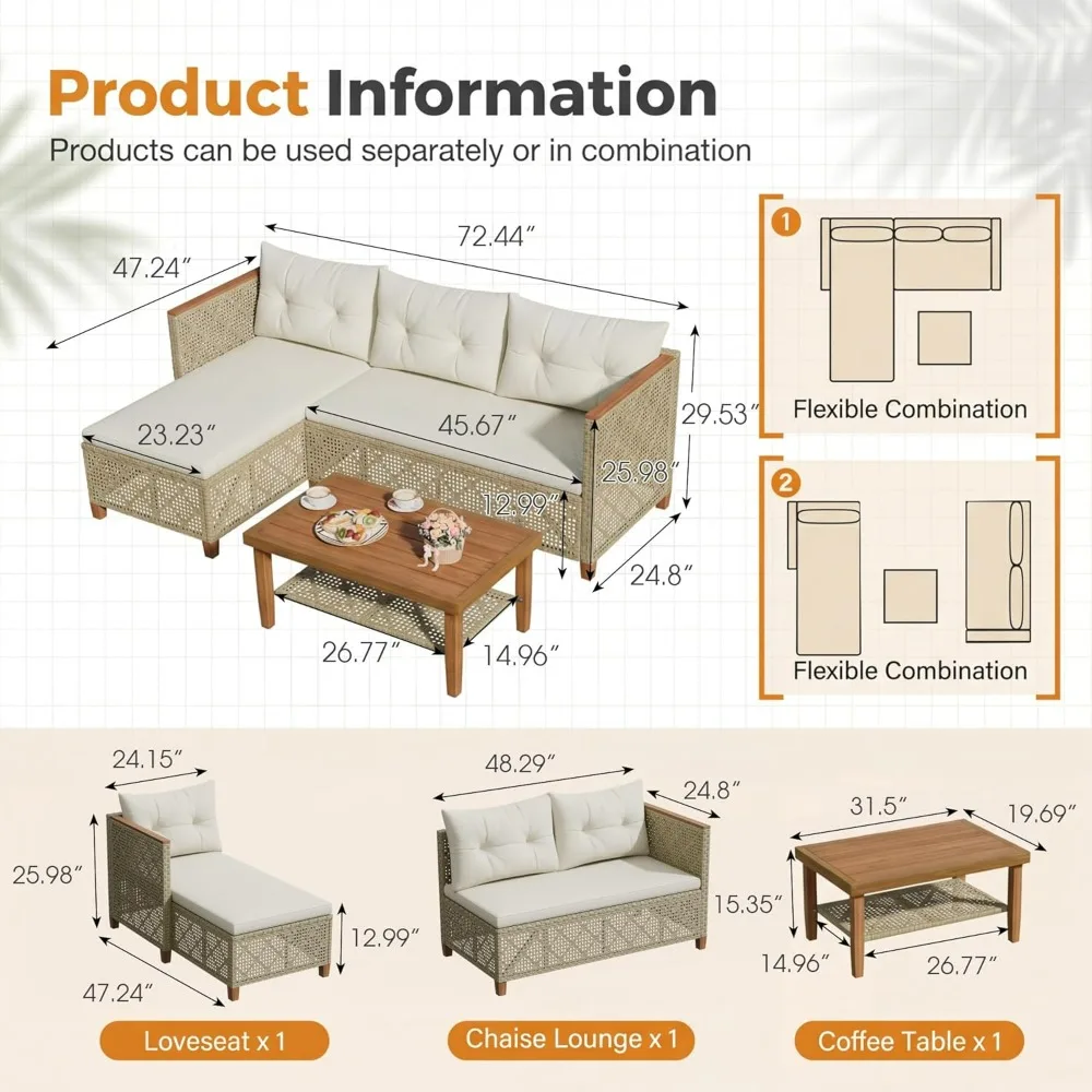 Devoko Wicker Patio Furniture Set, 3 Pieces Outdoor Sofa with Tufted Pillow,PE Rattan Small Sectional Couch Set for Backyard,