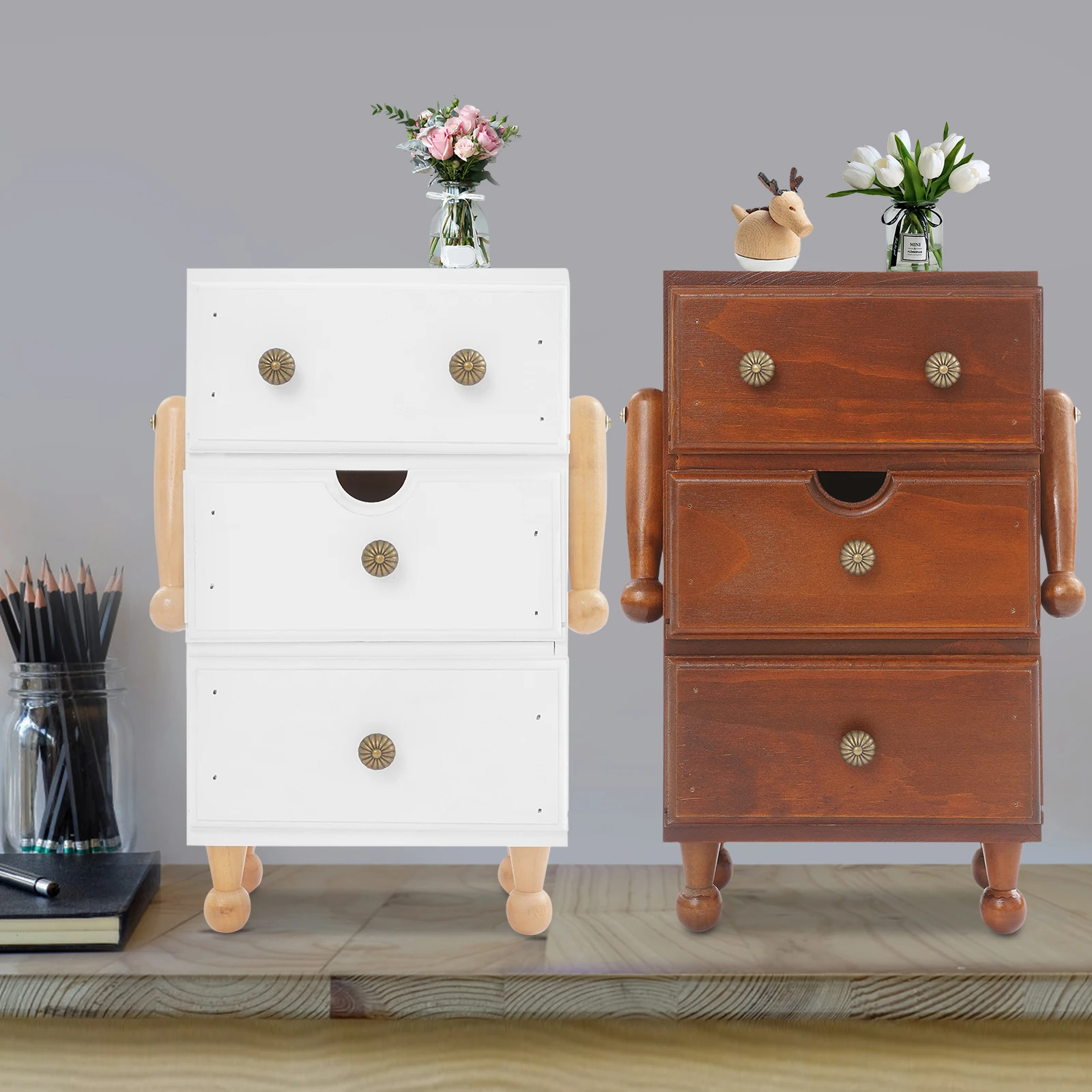 

3-tier Vintage Storage Cabinet Pine Wood Storage Box with Drawers Retro Home & Office Organizer Brown/White