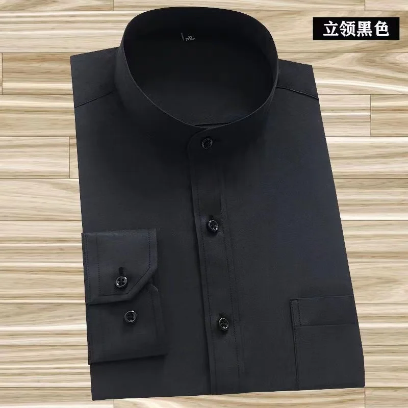 Chinese Mandarin Collar Dress Shirts Men Solid Vintage Stand-Collar Long Sleeve Business Formal Tang Style Plain Shirt