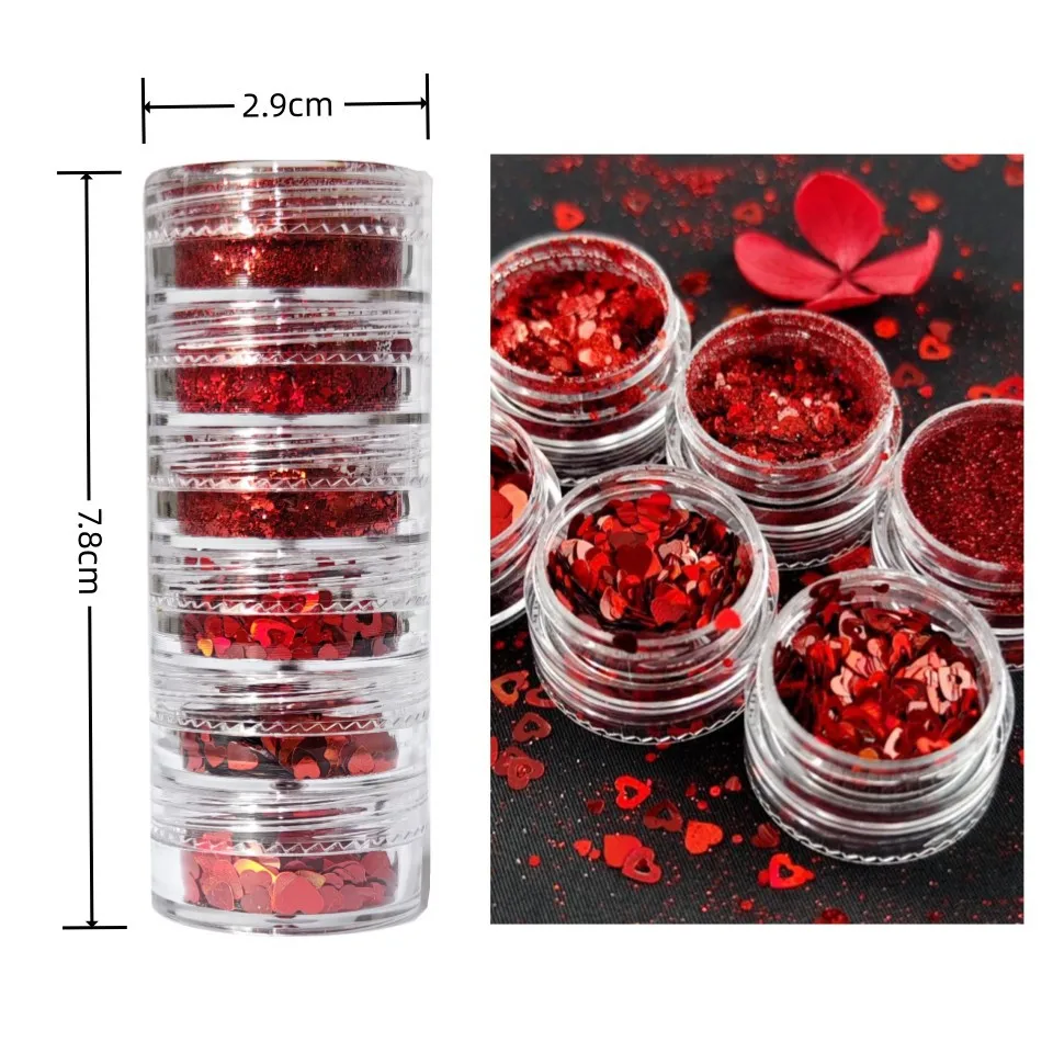 6-dozen Rood Liefde Hart Nagel Pailletten Laser Rode Nagel Glitter Poeder Valentijnsdag Decoraties Nail Art Vlokken Nail Art Supplies