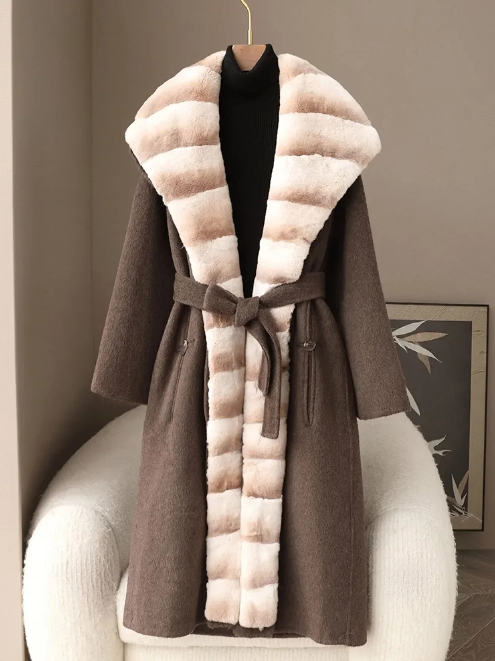 Vrouwen natuurlijke Rex konijnenbont wolmengsels dikke warme lange bovenkleding met riem casual echt bont kapjas