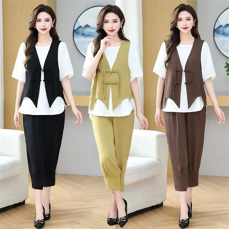

Korean Ladies Nine Points Pants 3PCS Summer Femme New Short Sleeve Trousers Three-piece Suit 2025 Women Large Size 5XL Trousers