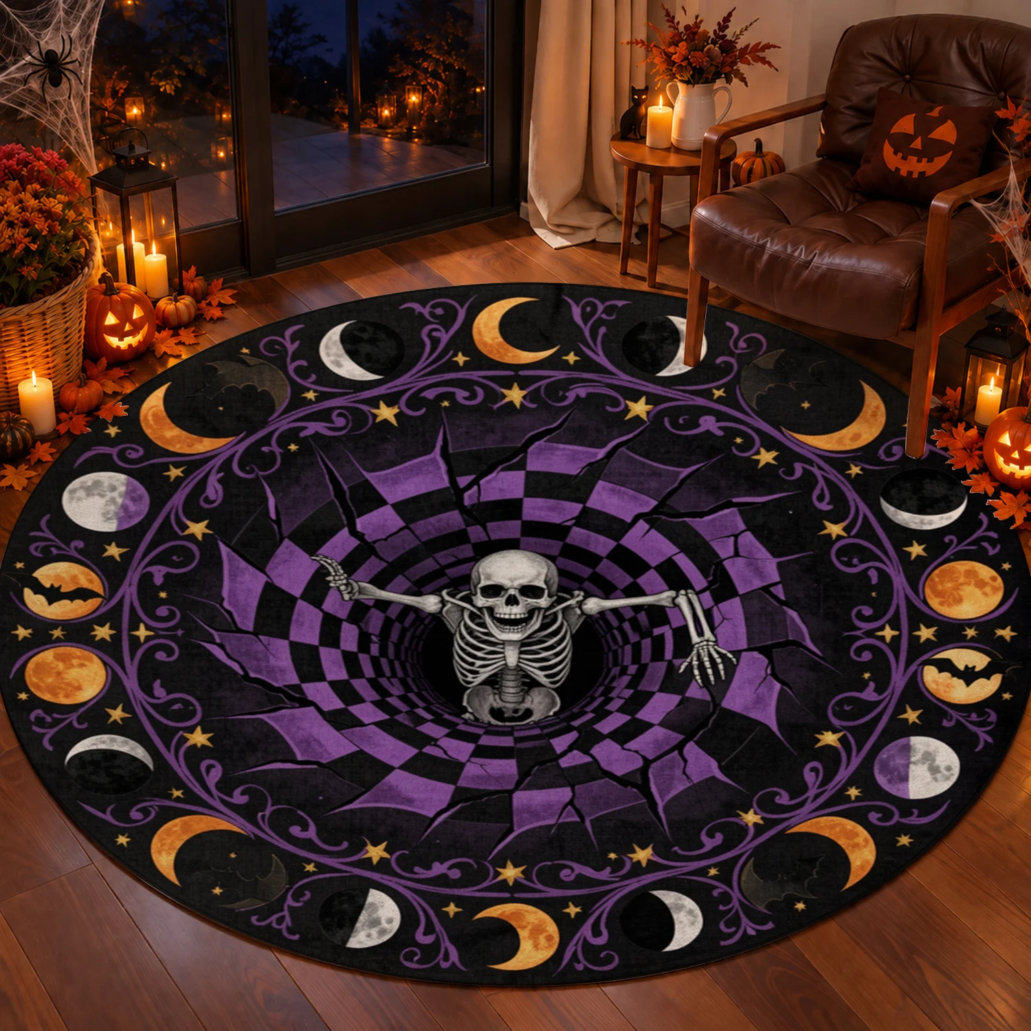 Skeleton Moon Phase Bat Print Round Velvet Rug Machine Washable for Living Room Bedroom Dining Room Entryway Ideal for Halloween Thanksgiving Black Friday Christmas New Year Decoration