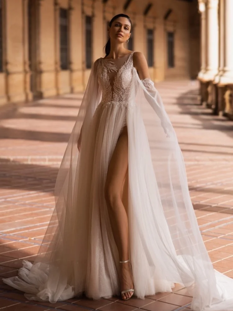 Elegante Tule Trouwjurk Kant Decal Bloeiende Cape Mouwen Formele Trouwjurk A-lijn Split Bruid Jurk Maatwerk