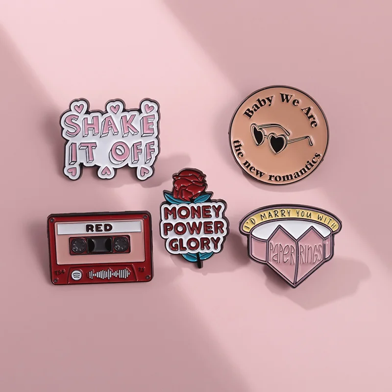 Money Power Glory Enamel Pins Custom Singer Lyrics Red Record Tape Brooches Lapel Badges Hip Hop Cool Jewelry Gift Wholesale