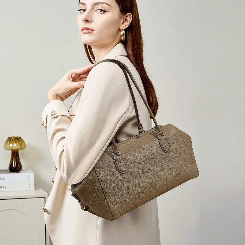 Full Grain Calfskin Bowling Tote Bag, Versatile Large Capacity Top Handle Handbag for Women, Soft Urban Commuter Bag, Black/Gra