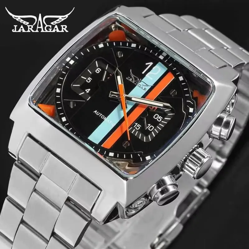 JARAGAR 569 Men's Quartz Watch Fashion Design Square Dial Date Week Waterproof Steel Strap Leisure Wristwatch