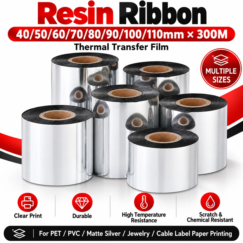 Resin Ribbon 40 50 60 70 80 90 100 110mmx300M Thermal Transfer Film for PET/PVC/Matte Silver/Jewelry/Cable Label Paper Printing