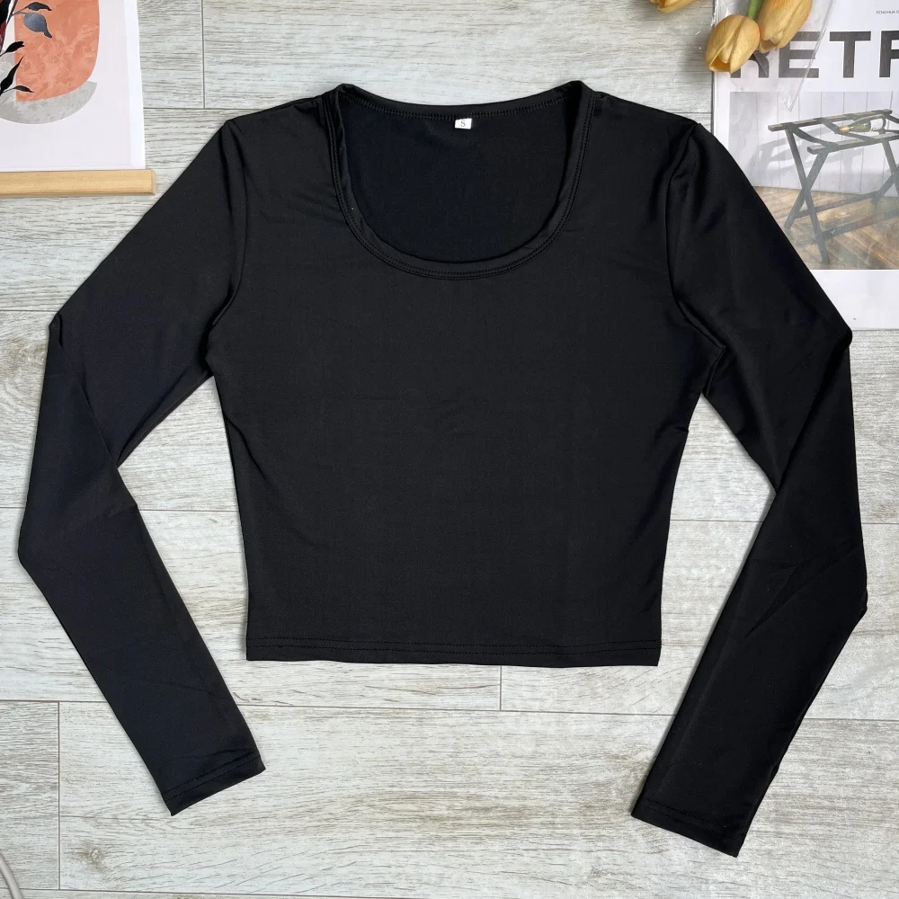 Long Sleeves Square Neck T-Shirt Women Solid Simple Casual Soft Basic Crop Tops Tees Summer Fashion Skinny Tops Black