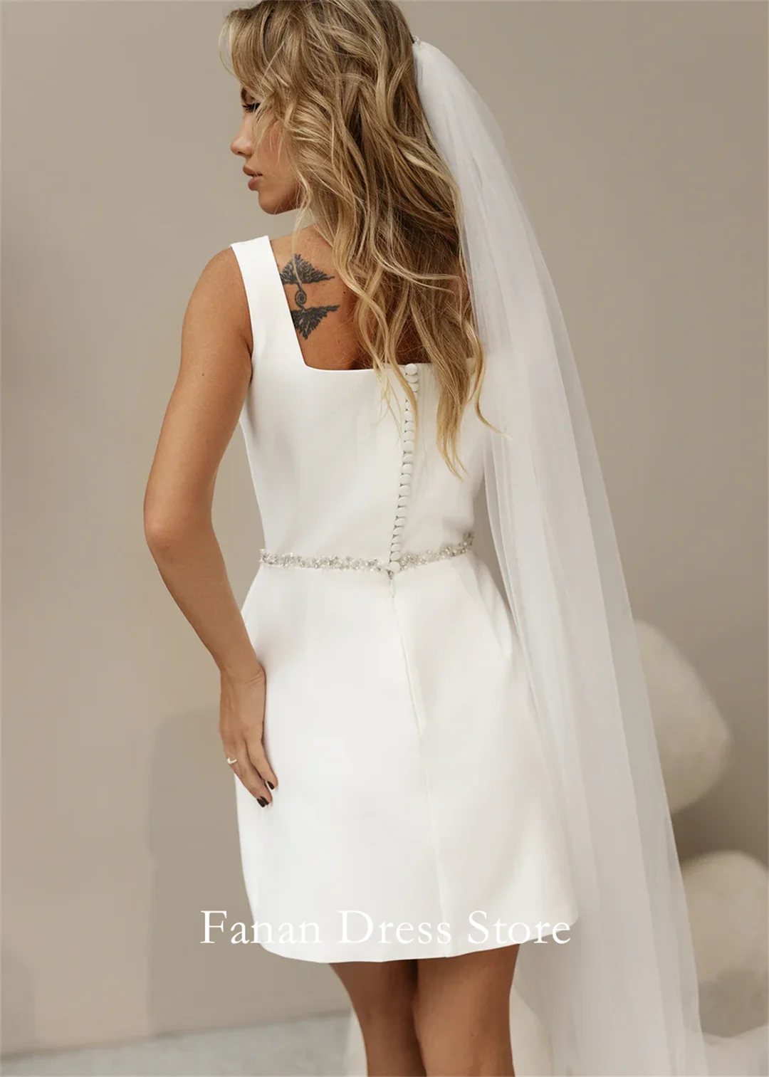 Fanan elegante vierkante hals BURGERLIJKE CHIC MINI WEDING JURK A-lijn Aangepaste satijnen ruches ivoor bruidsfeestjurk vestidos de novia