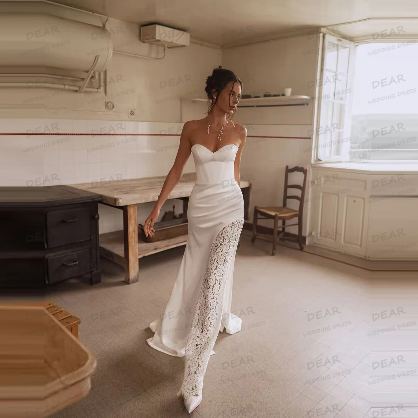 간단한 웨딩 드레스 여성 인어 섹시한 아플리케 하이 사이드 분할 민소매 신부 가운 새틴 베스 티드 드 노비 맞춤형