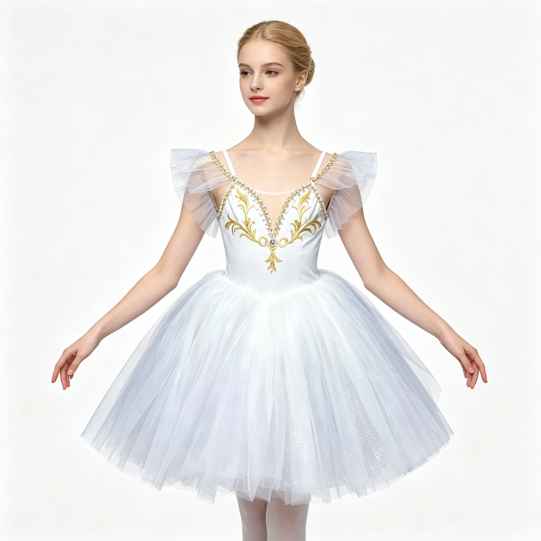 Girls White Spaghetti Strap Ballet Dress Gold Embroidery Glitter Tulle Skirt Ruffle Sleeve Kids Stage Performance Dance Costume