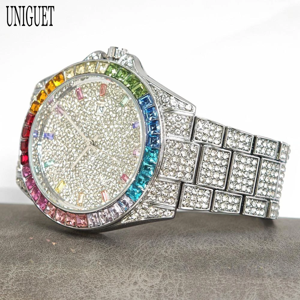 UNIGUET Rainbow Diamond Watch For Man Fashion Hip Hop Iced Out Bling Quartz Wrist Watch With Calendar Reloj Hombre Dropshipping