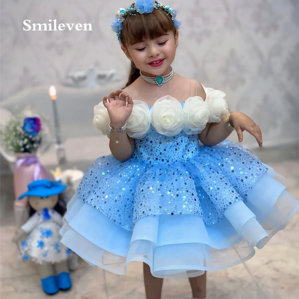 Smileven Blue Sequin Tulle Off‑Shoulder Flower Girl Dresses Rose Multi‑Layer Puffy Skirt Dress Wedding Party Gowns Customizd
