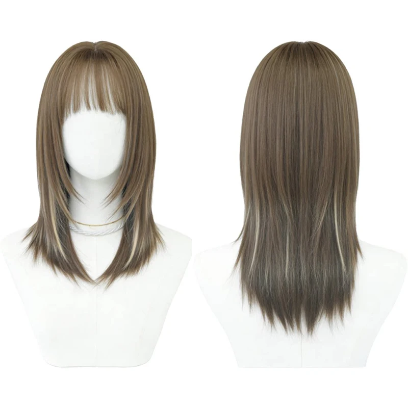 

Light Ash Brown Balayage Medium Straight Wig with Bangs Realistic Hairline Glueless Synthetic Wig For Women Party Cosplay Daily
