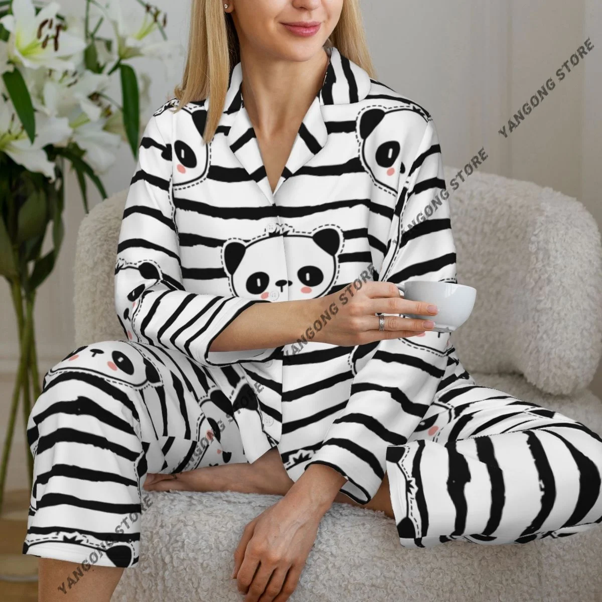 Spring and Autumn Pajama Set Women's Long Sleeve Pants Two Piece Black And White Panda Bear Strip Pattern Home Furnishing Set