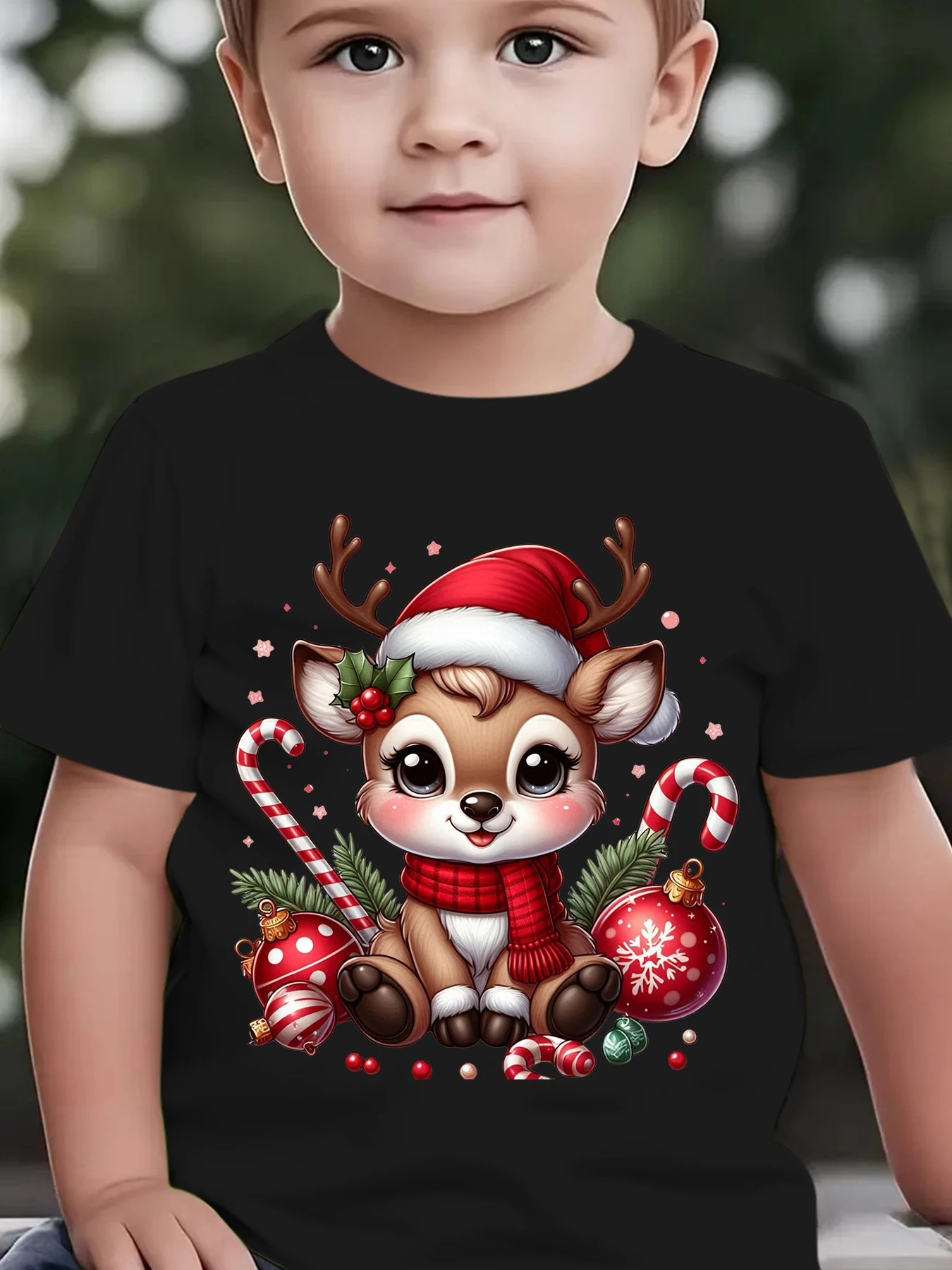 

﻿ Boys' Christmas Deer & Candy Cane Print T-Shirt Short Sleeve Round Neck Summer Casual Top Children's Clothing Girl Clothes ﻿