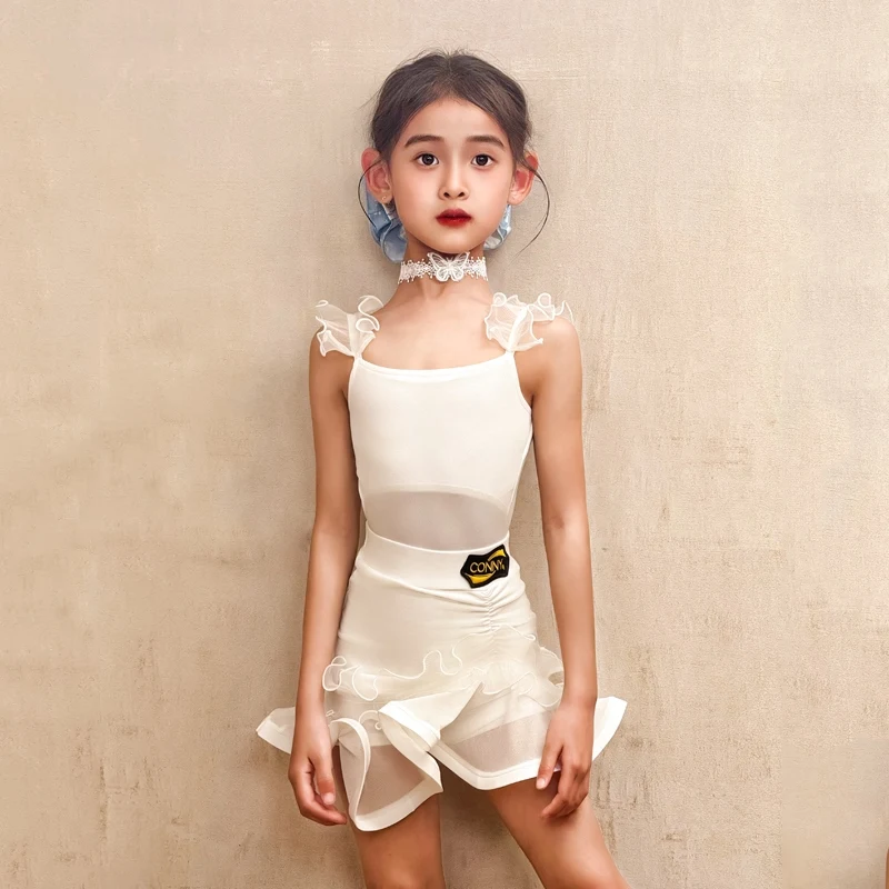 

2025 Latin Dance Dress Kids Practice Clothes Girls Training Clothing Waltz Standard Competition Costume White 2 PCS Set VBH1643