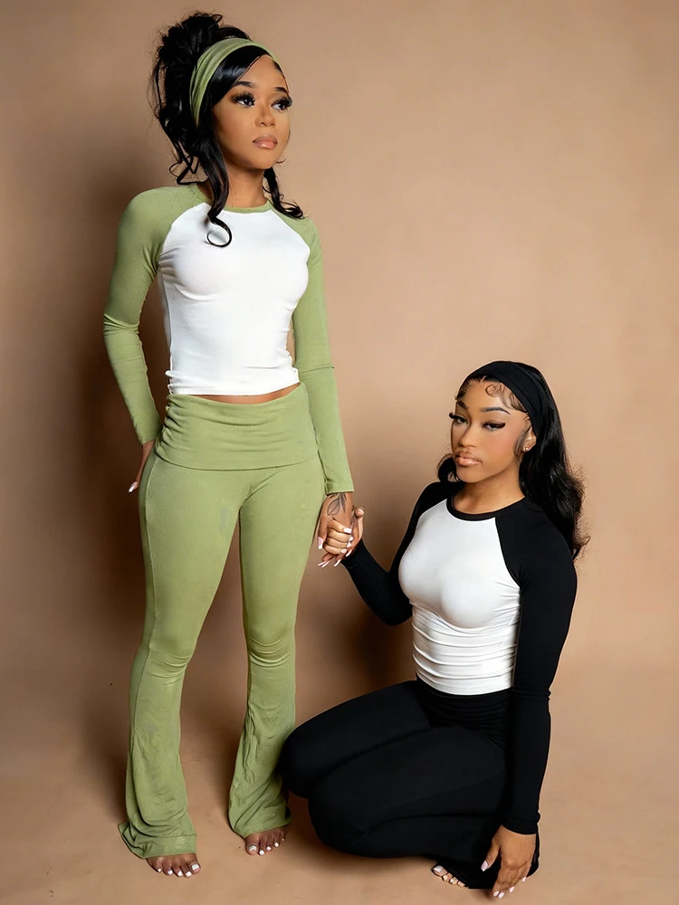 ชุดเซ็ต 2 ชิ้นสำหรับงานปาร์ตี้คริสต์มาส ลายปะต่อตัดกัน คอทรงโอ แขนยาว เสื้อครอป+กางเกงขายาวเอวสูง ชุดลำลองแฟชั่น