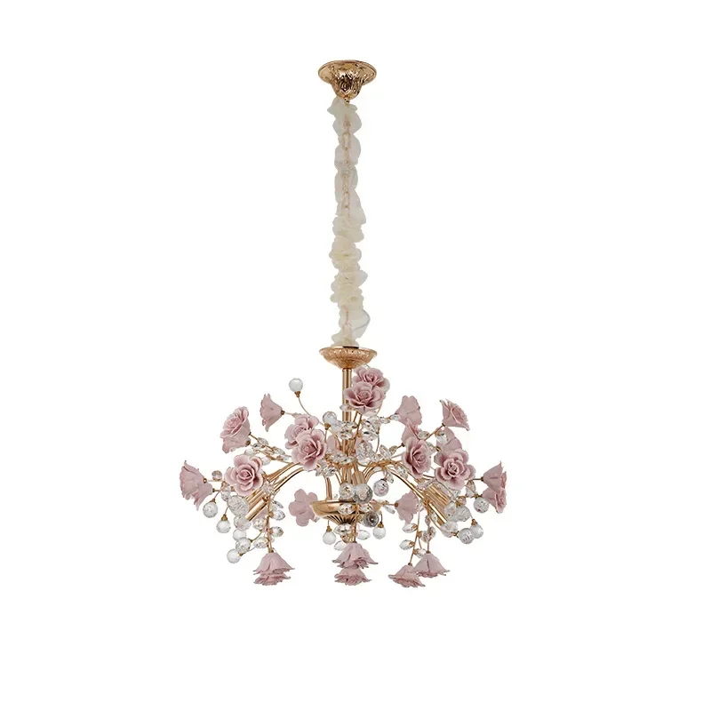 Bedroom light luxury crystal chandelier European style branch peach powder ceramic lantern court rose  new year decorative