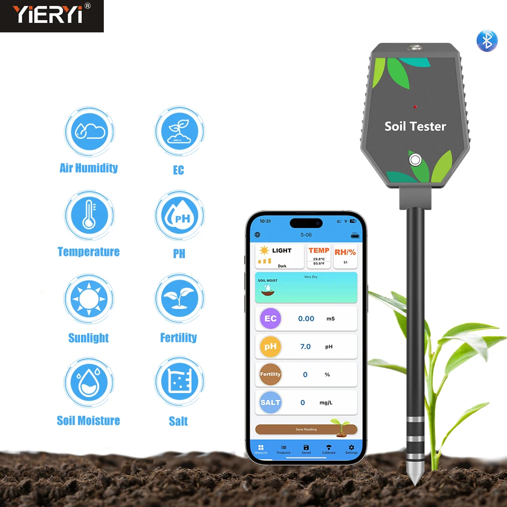 Yieryi 8-in-1 Smart Soil Tester pH/Salt/EC/Fertility/Temp Bluetooth APP Data Logger Soil Moisture PH Meter for Garden Planting